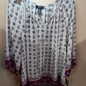 Style & Co. White Tunic with Gray Teardrop Print and Pink Border Size XL